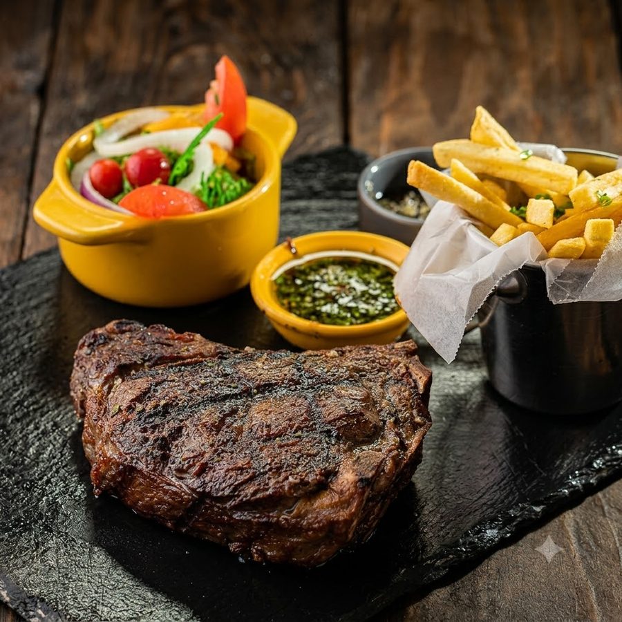 Ribeye Steak a la parrilla con ensalada y papas fritas
